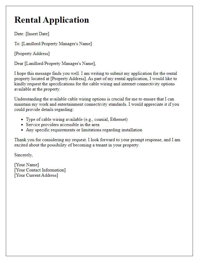 Letter template of rental application requesting cable wiring specifications