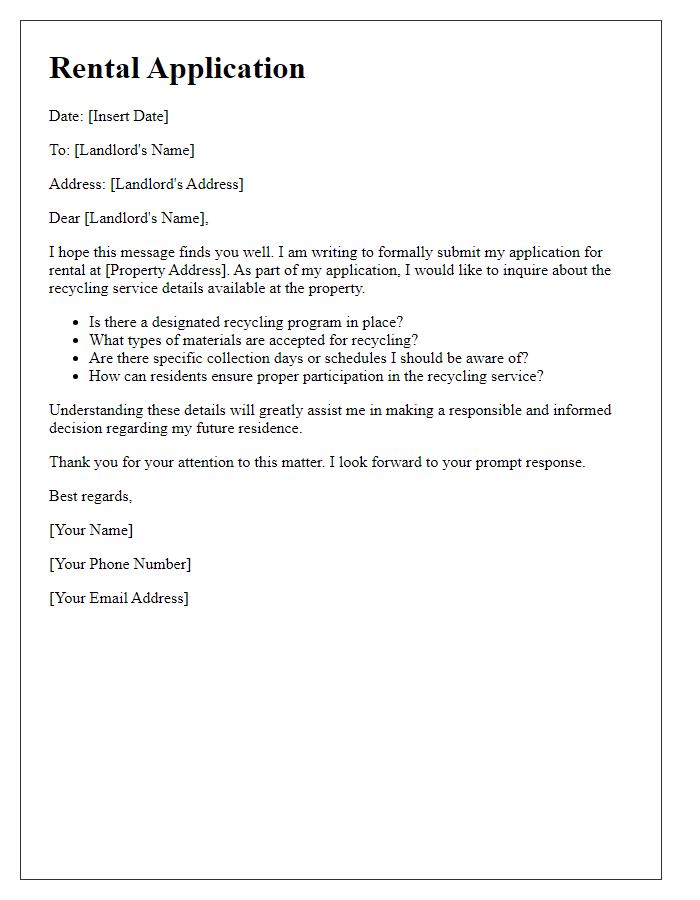 Letter template of rental application requesting recycling service details