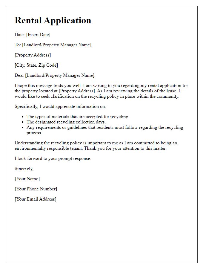 Letter template of rental application seeking clarification on recycling policy