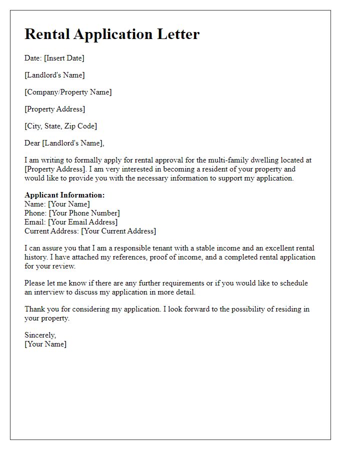 Letter template of rental application for multi-family dwelling approval