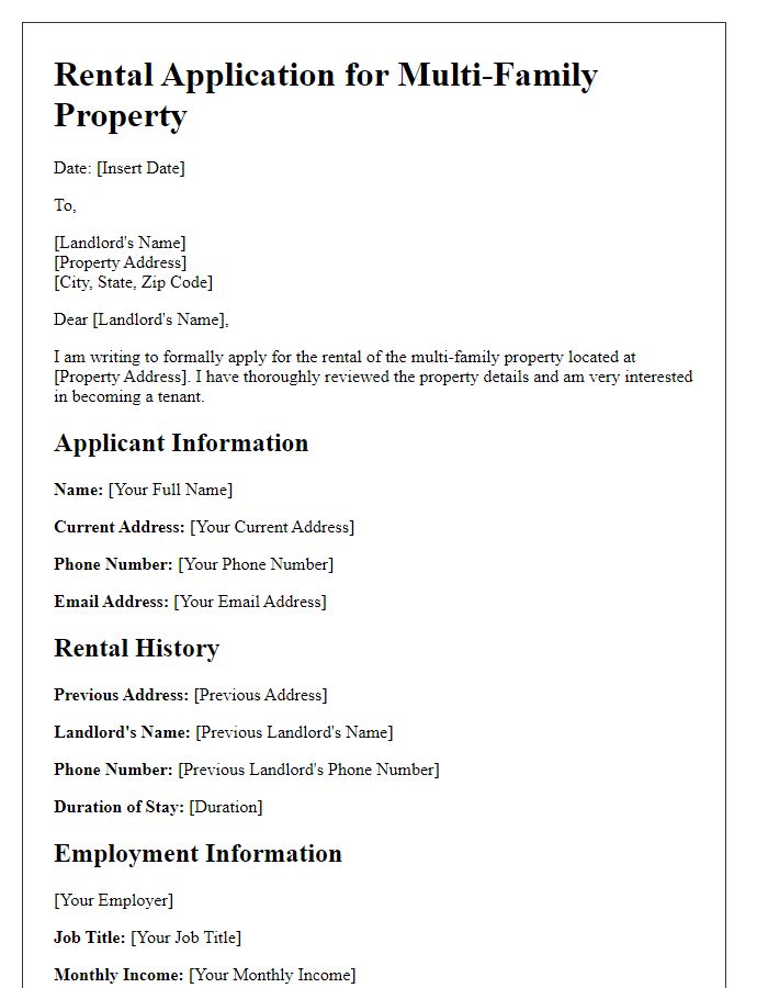 Letter template of rental application for multi-family property agreement