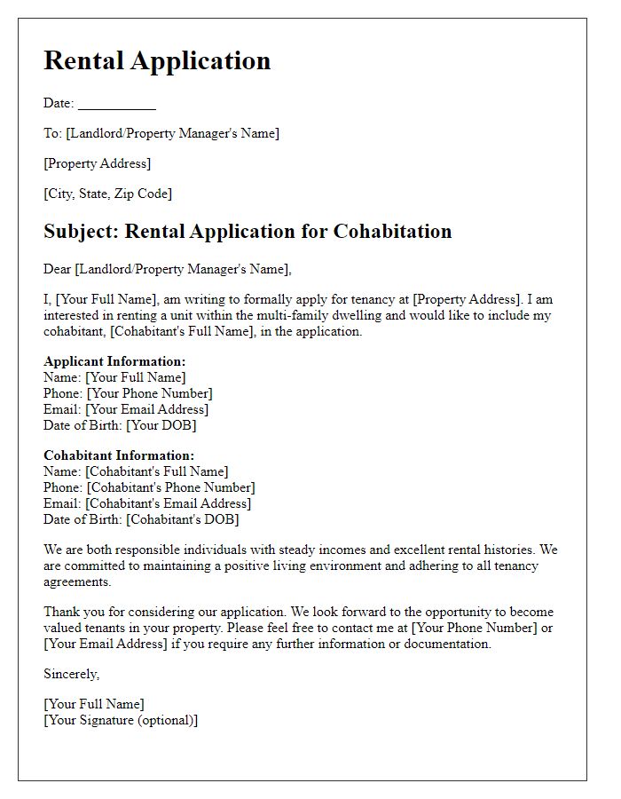 Letter template of rental application for tenant cohabitation in multi-family unit