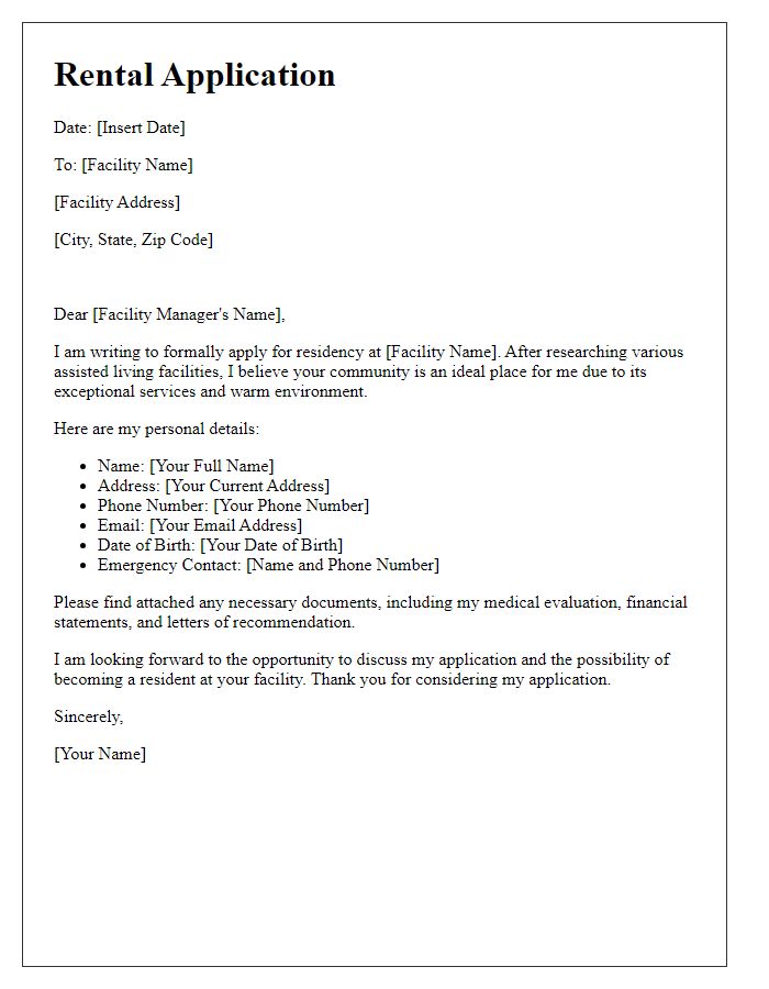 Letter template of rental application for assisted living facility.