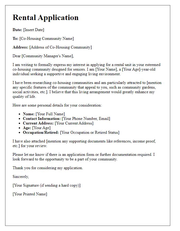 Letter template of rental application for co-housing community for seniors.