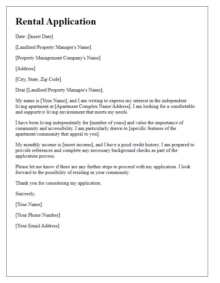 Letter template of rental application for independent living apartment.