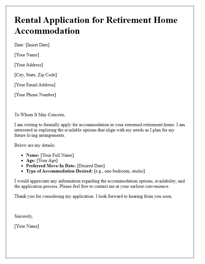 Letter template of rental application for retirement home accommodation.