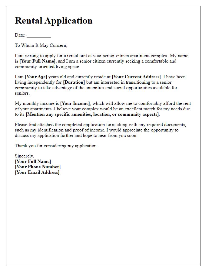 Letter template of rental application for senior citizen apartment complex.