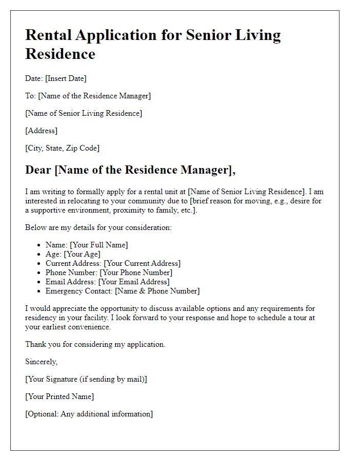 Letter template of rental application for senior living residence.