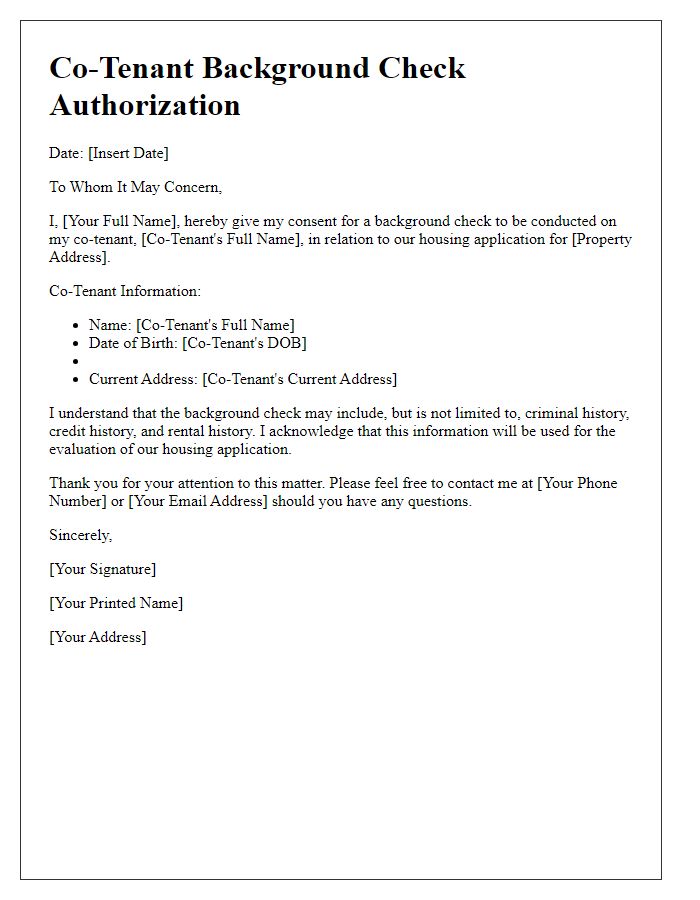 Letter template of co-tenant background check for housing application