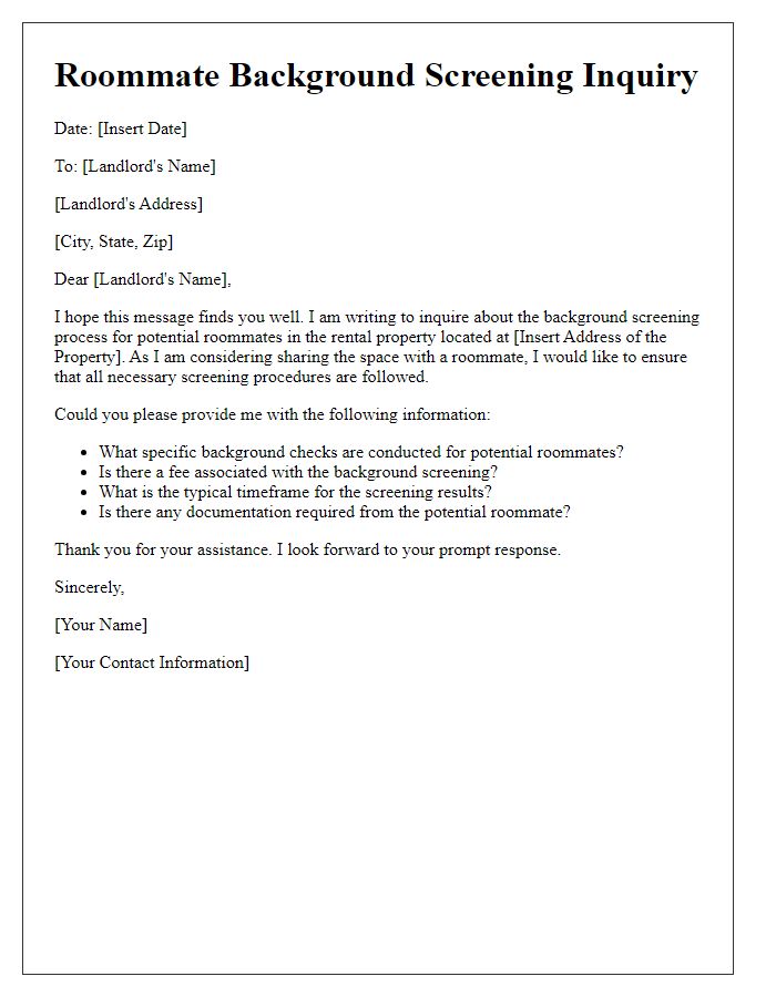 Letter template of inquiry for roommate background screening in rental