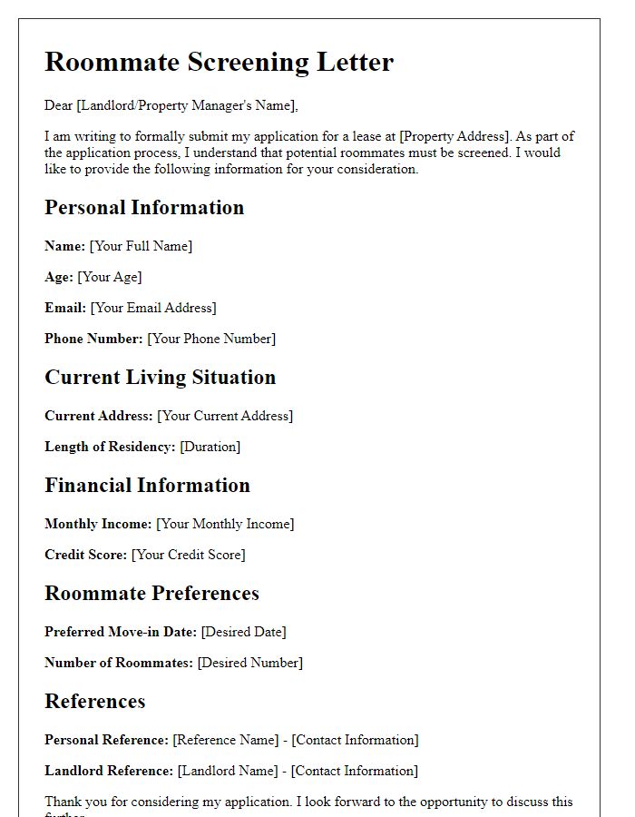 Letter template of potential roommate screening for lease application