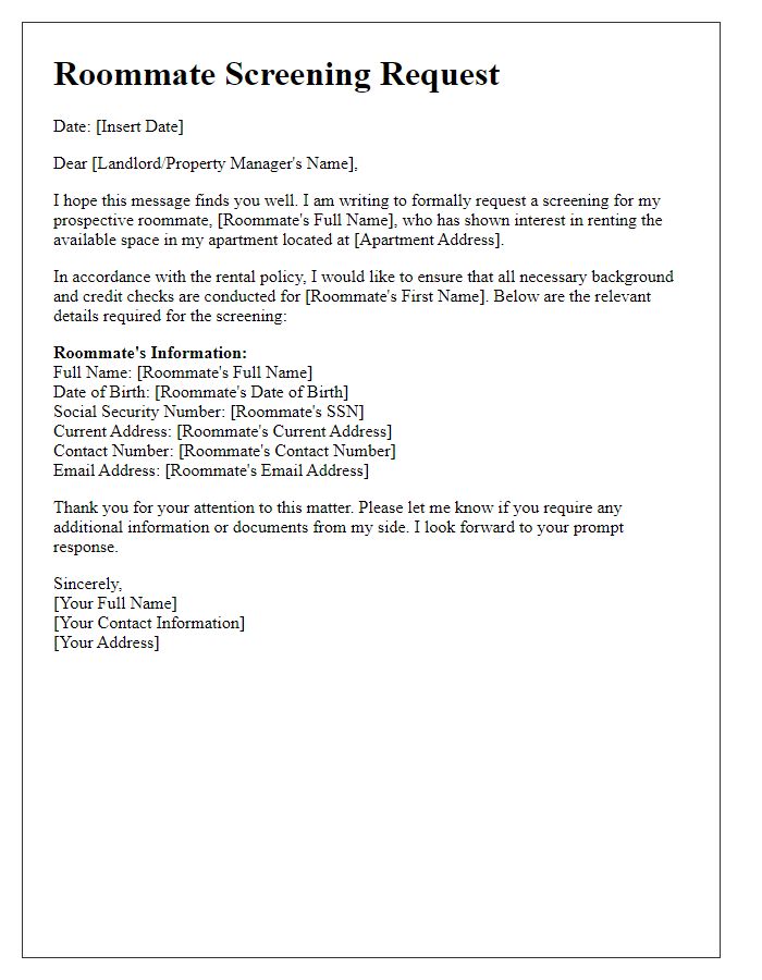 Letter template of rental application roommate screening request