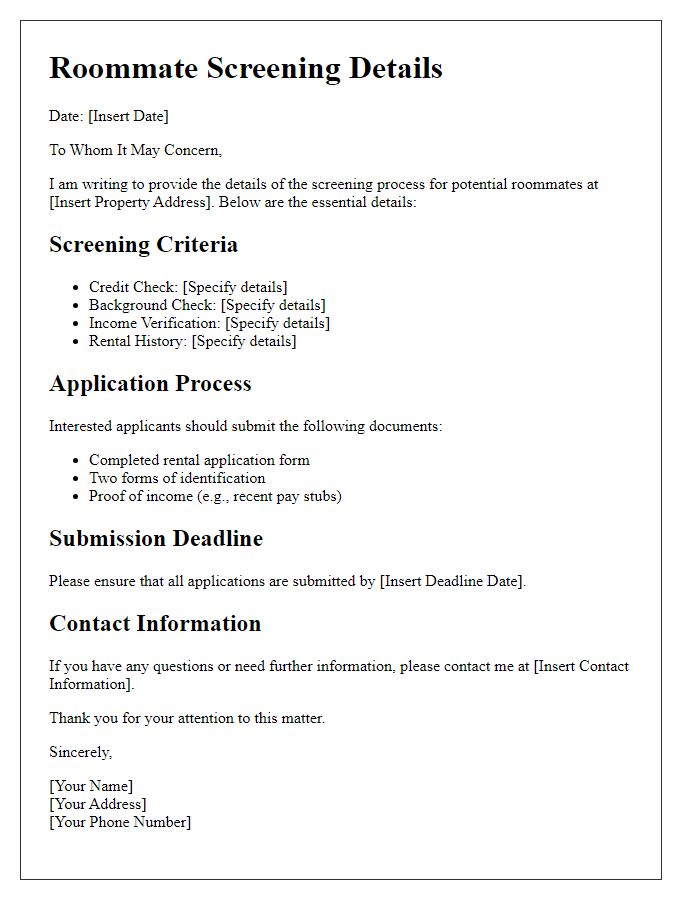 Letter template of roommate screening details for rental submission