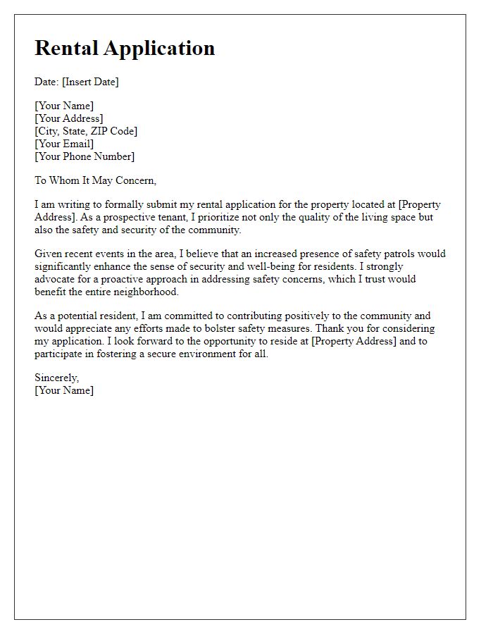 Letter template of rental application advocating for increased safety patrol presence.