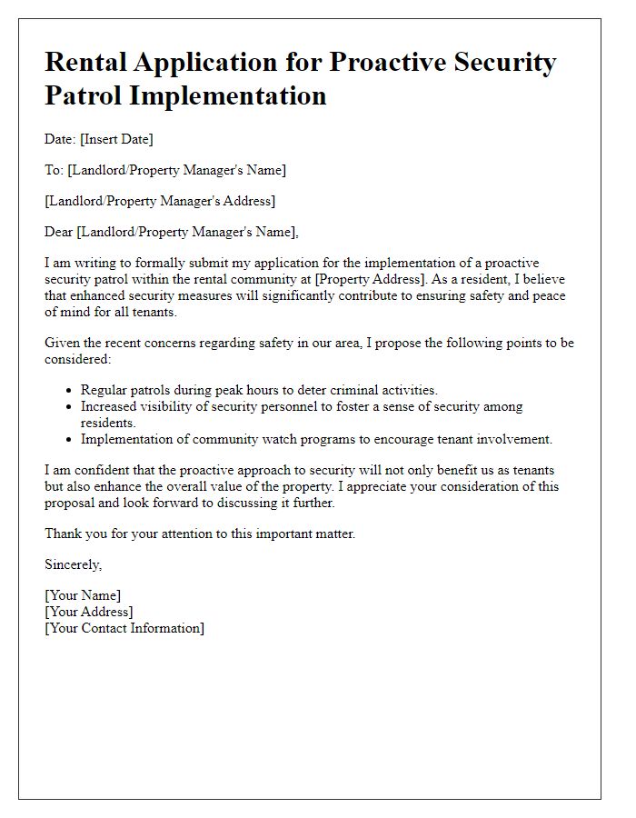 Letter template of rental application for proactive security patrol implementation.