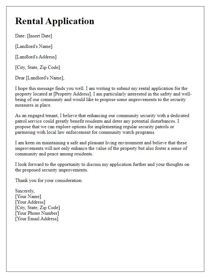 Letter template of rental application proposing community security patrol improvements.