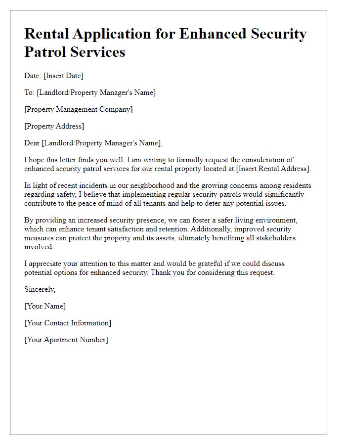 Letter template of rental application requesting enhanced security patrol services.