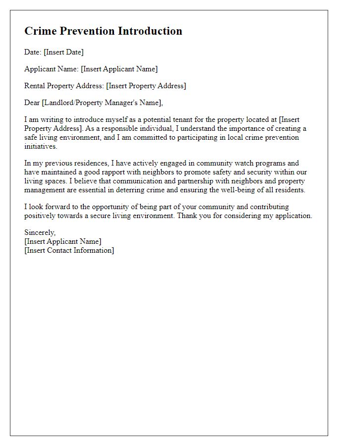 Letter template of local crime prevention introduction for rental application.