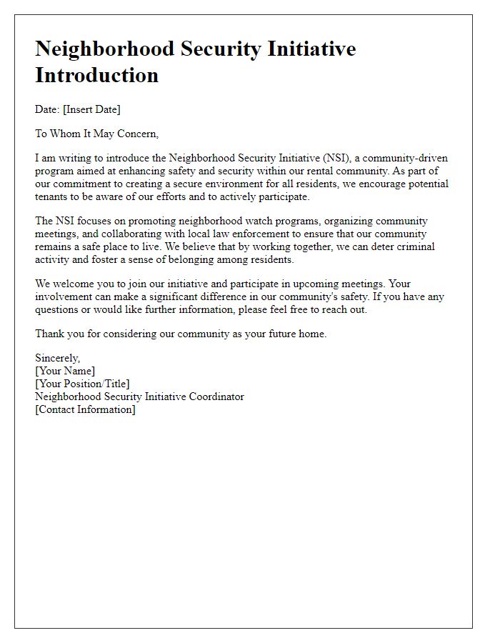 Letter template of neighborhood security initiative introduction for rental application.