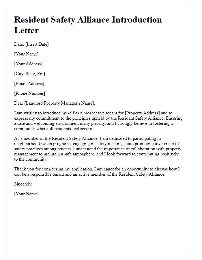 Letter template of resident safety alliance introduction for rental application.