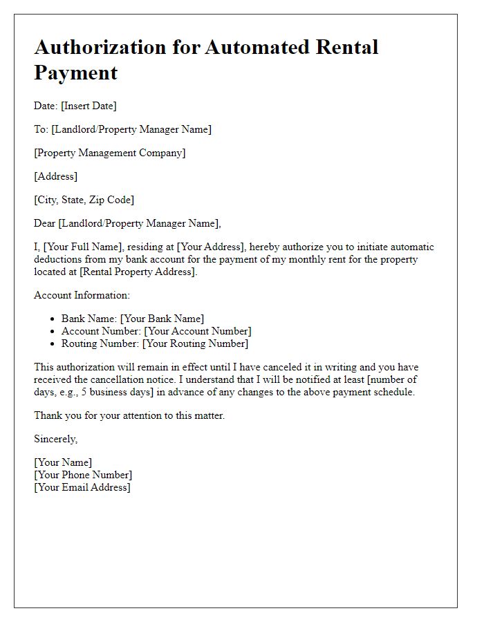 Letter template of Authorization for Automated Rental Payment