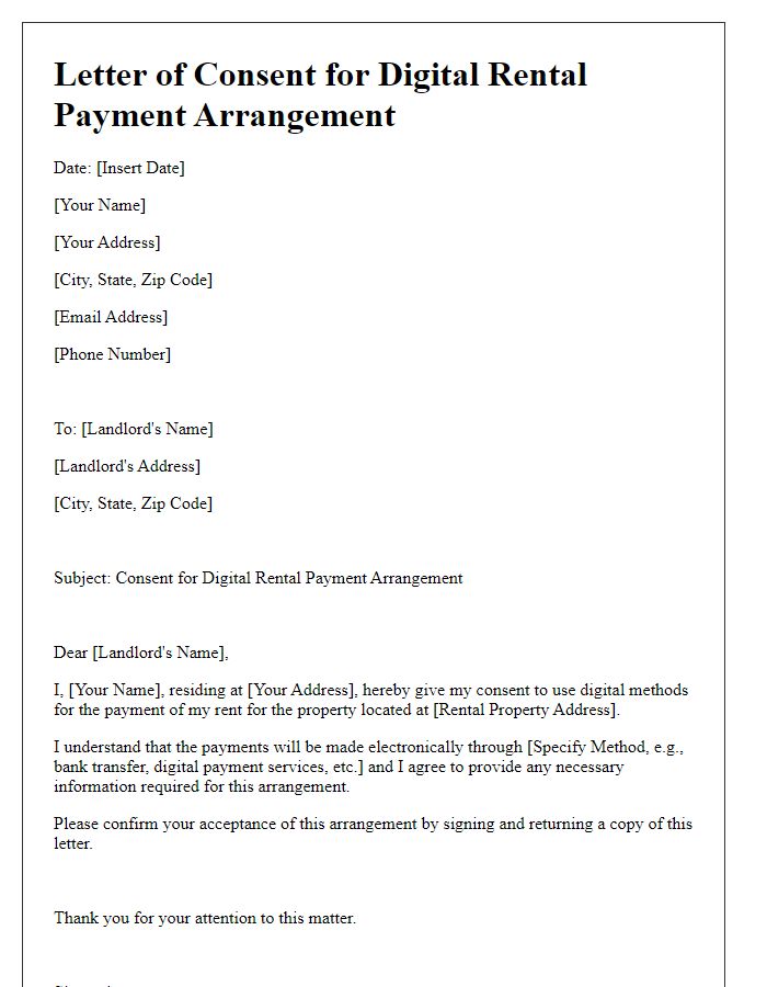 Letter template of Consent for Digital Rental Payment Arrangement