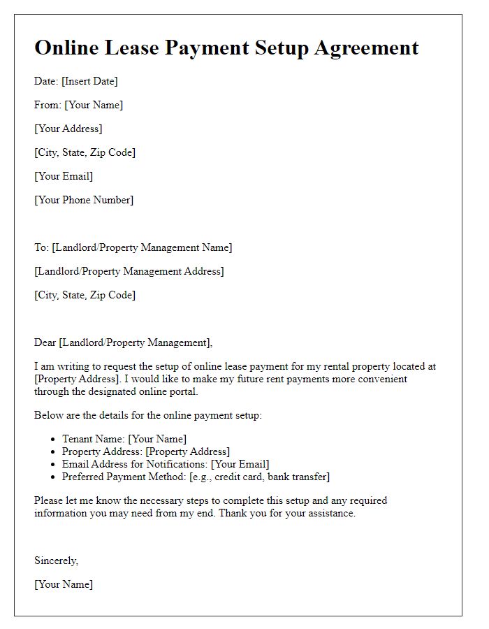 Letter template of Online Lease Payment Setup Agreement