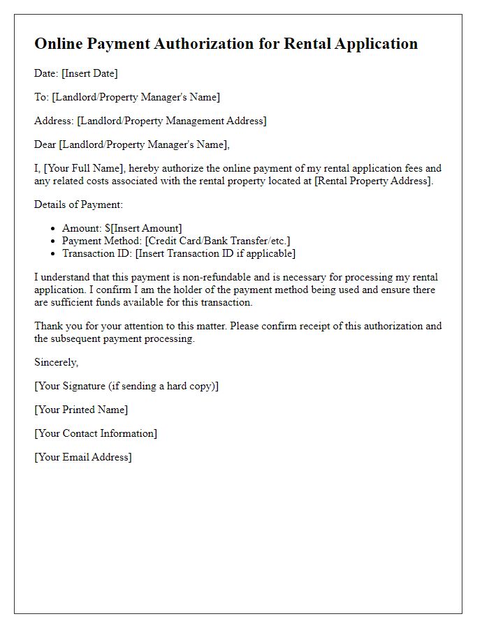 Letter template of Online Payment Authorization for Rental Application