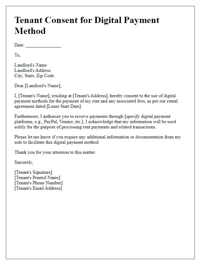 Letter template of Tenant Consent for Digital Payment Method