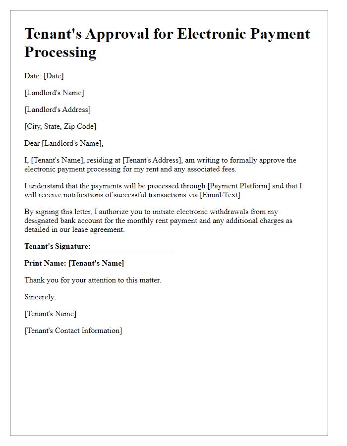 Letter template of Tenants Approval for Electronic Payment Processing