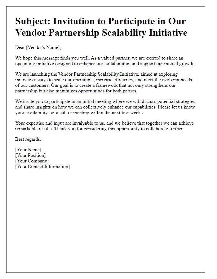 Letter template of vendor partnership scalability initiative