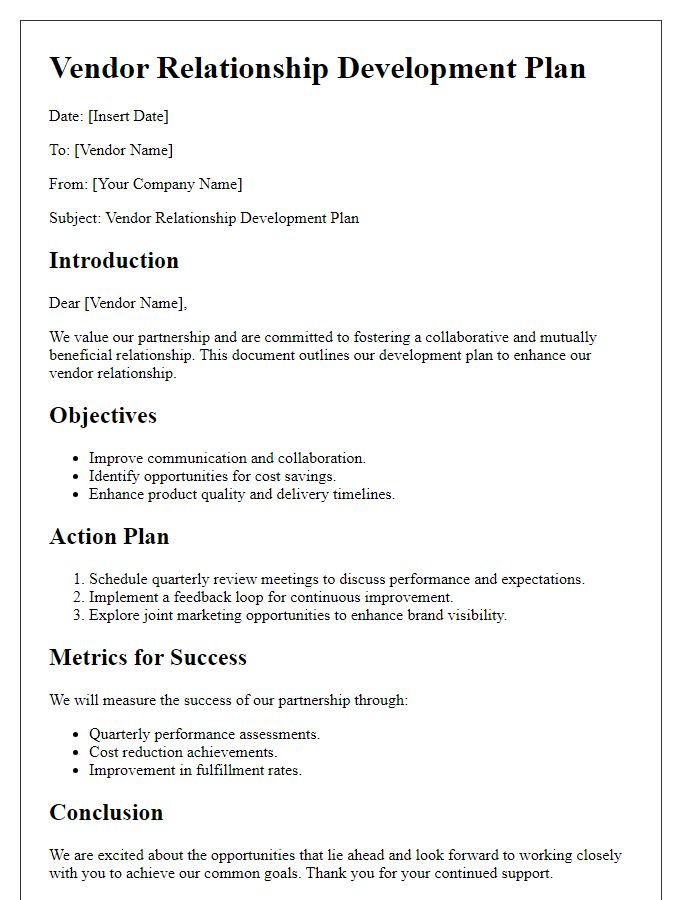 Letter template of vendor relationship development plan