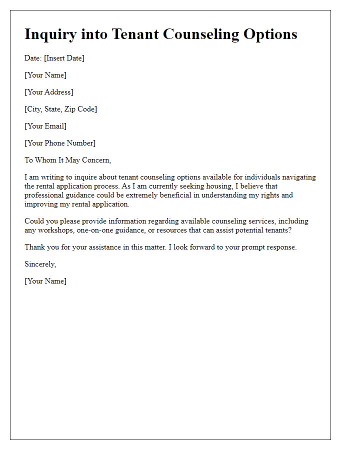 Letter template of inquiry into tenant counseling options for rental applications.