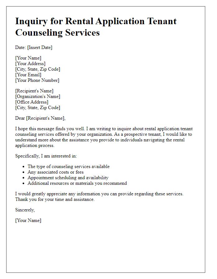 Letter template of inquiry for rental application tenant counseling services.