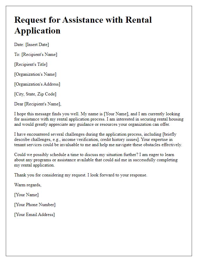 Letter template of outreach for help with rental application tenant services.