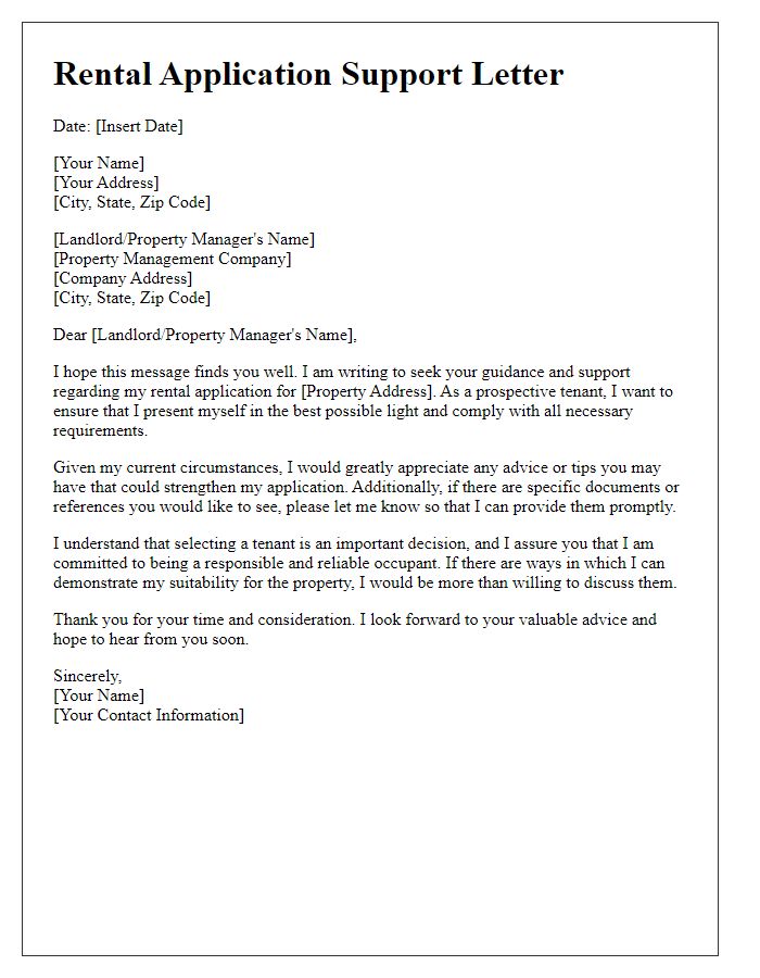 Letter template of plea for rental application advice and tenant support.