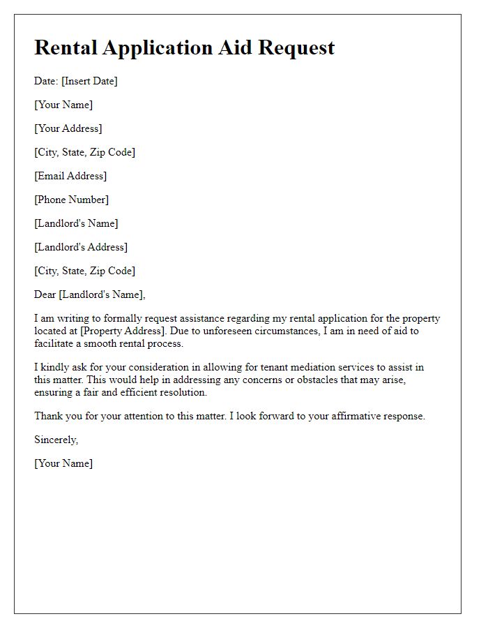 Letter template of rental application aid request for tenant mediation.