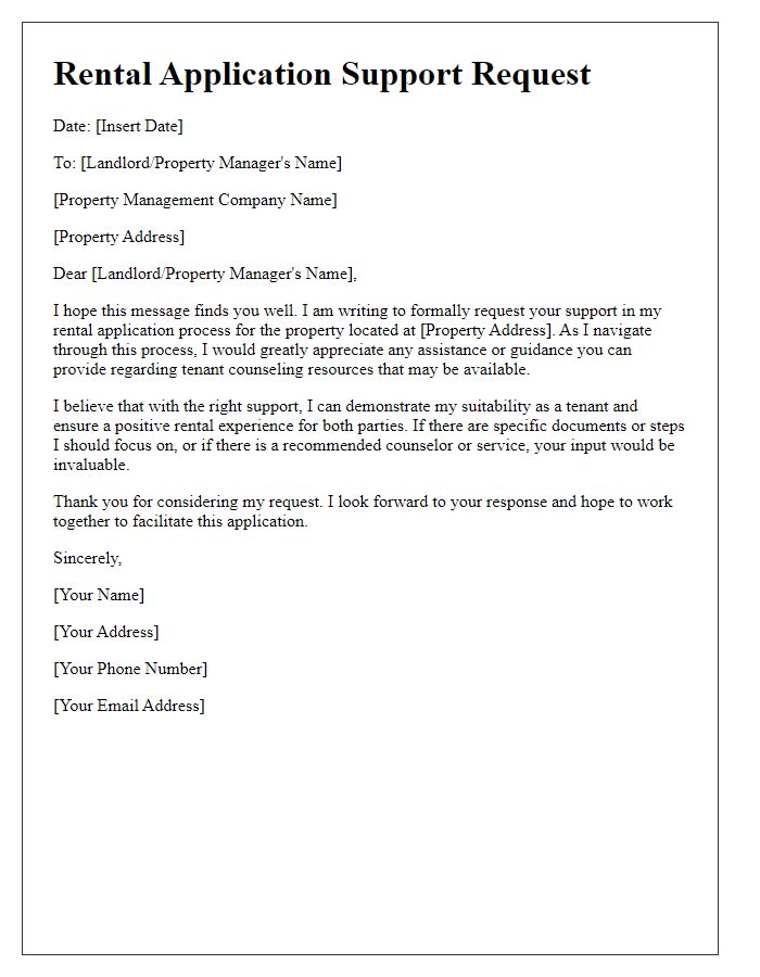 Letter template of rental application support request for tenant counseling.