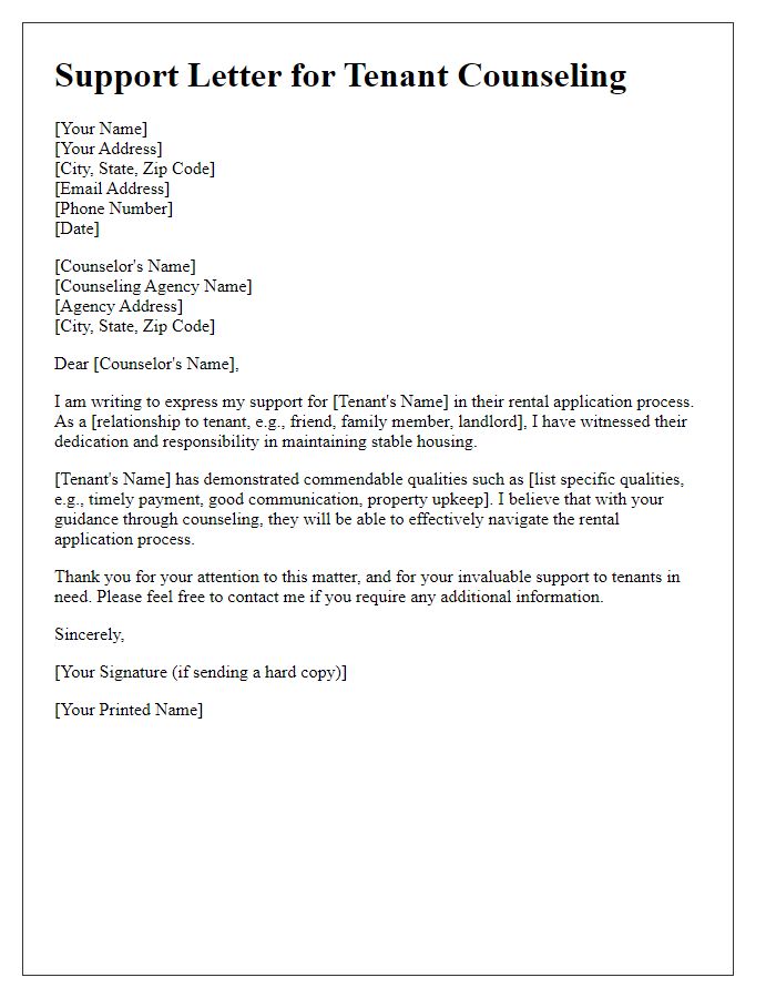 Letter template of support letter for tenant counseling on rental application.