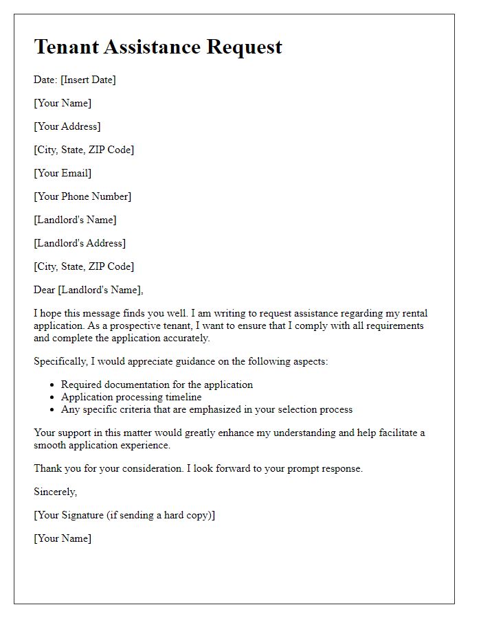 Letter template of tenant assistance request for rental application guidance.