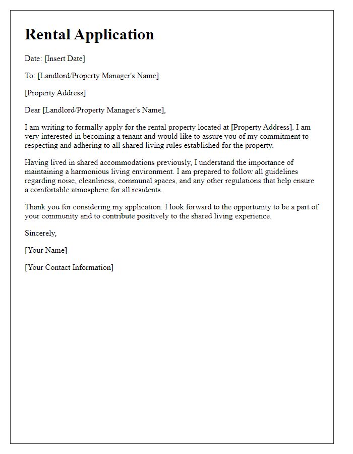 Letter template of rental application assuring respect for shared living rules.