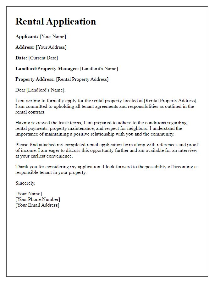 Letter template of rental application committed to upholding tenant agreements.