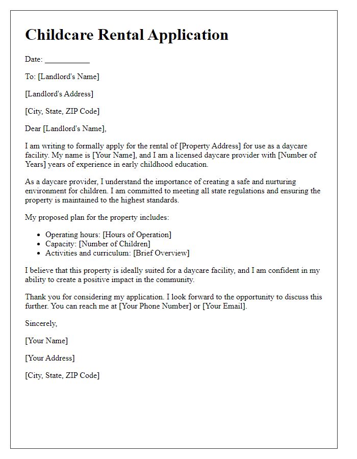 Letter template of childcare rental application for daycare providers