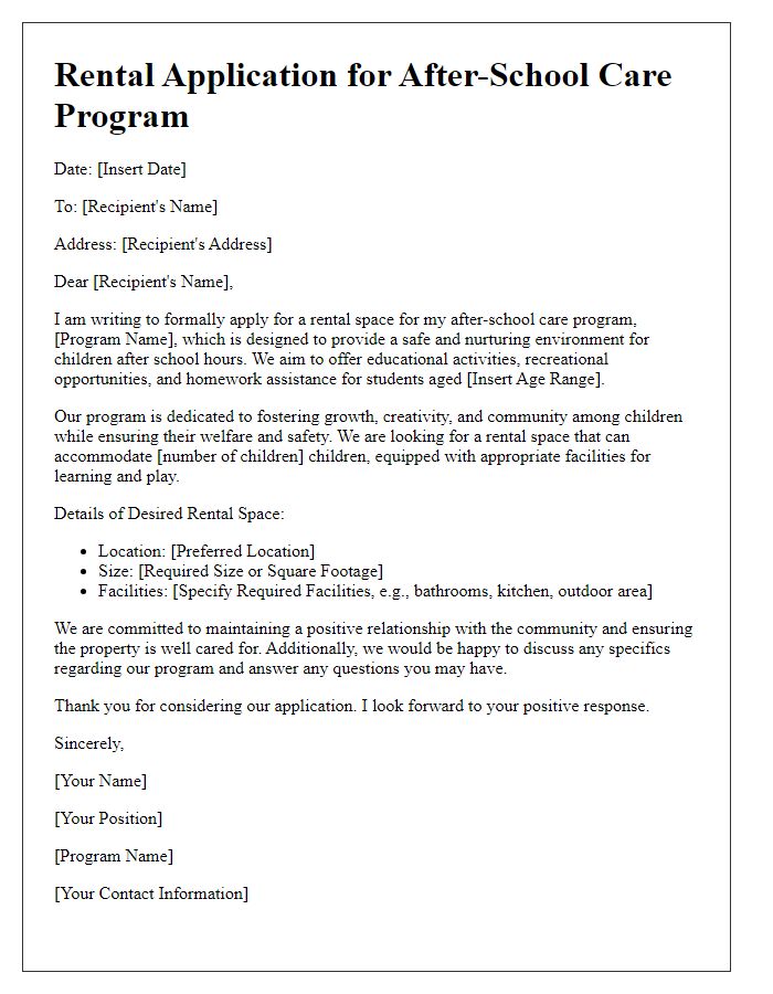 Letter template of rental application for after-school care programs