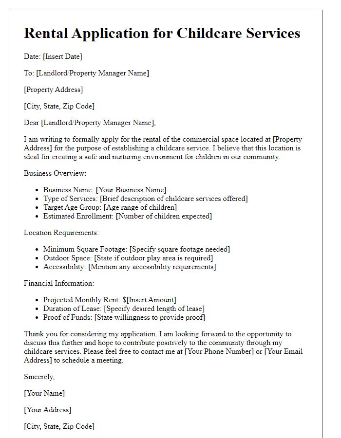 Letter template of rental application for childcare services in commercial spaces