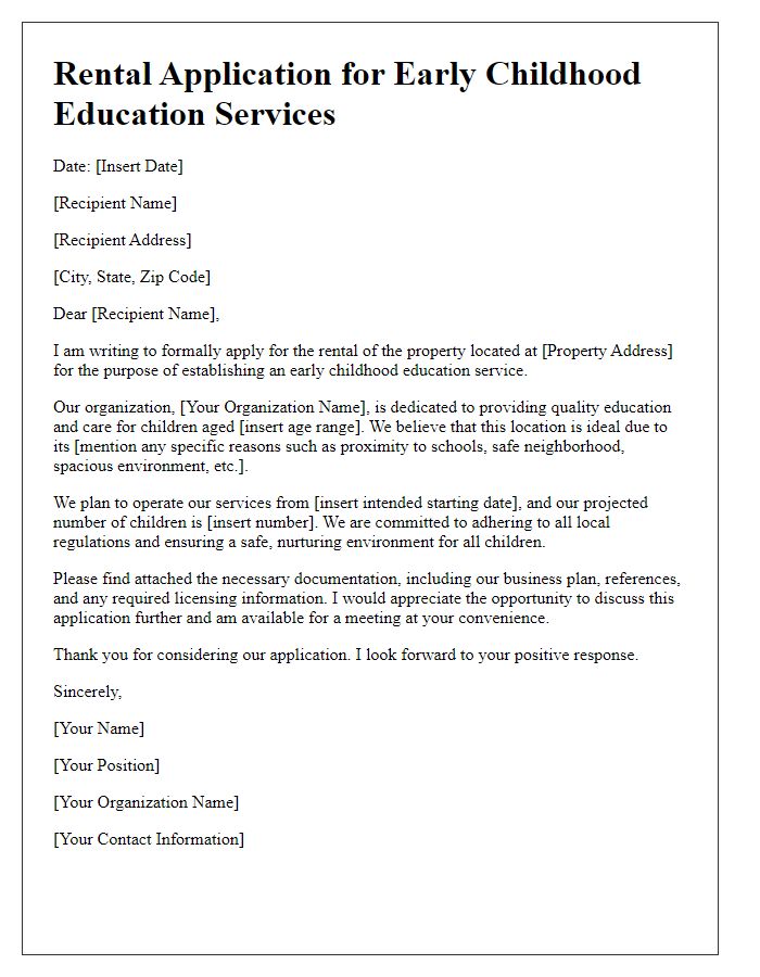 Letter template of rental application for early childhood education services