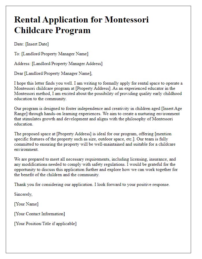 Letter template of rental application for Montessori childcare programs