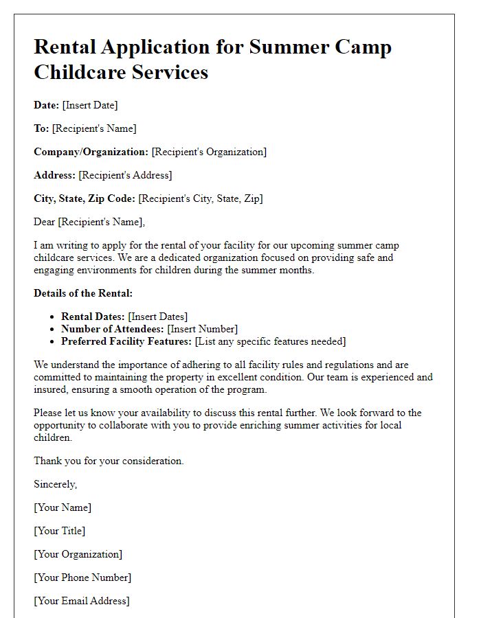 Letter template of rental application for summer camp childcare services