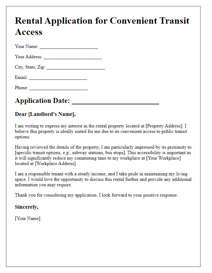 Letter template of rental application for convenient transit access