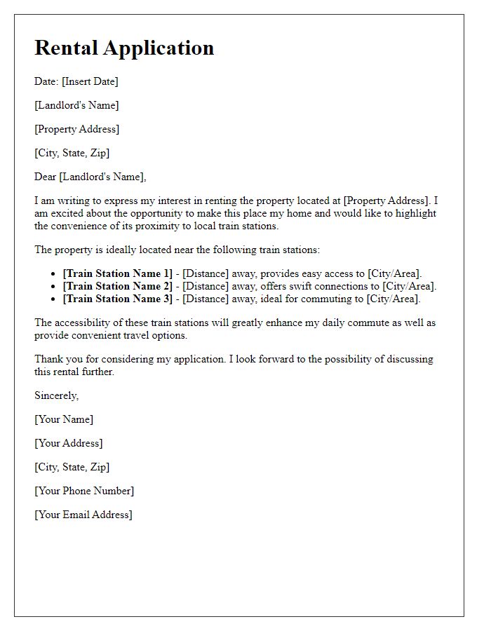 Letter template of rental application highlighting local train stations